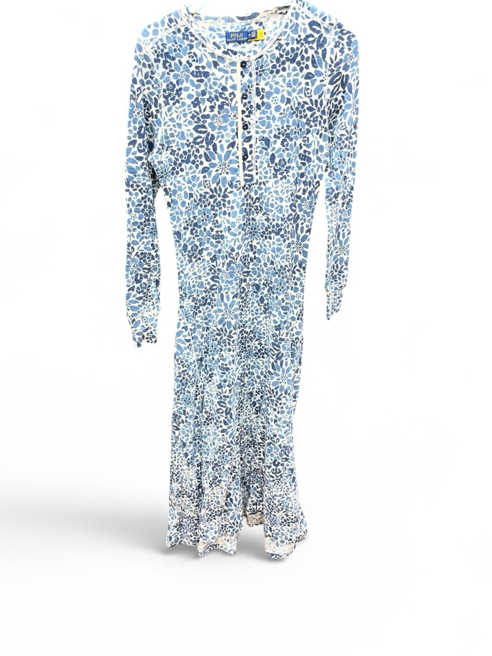 Polo Ralph Lauren Floral Waffle Knit Henley Maxi Dress Blue White M Cotton
